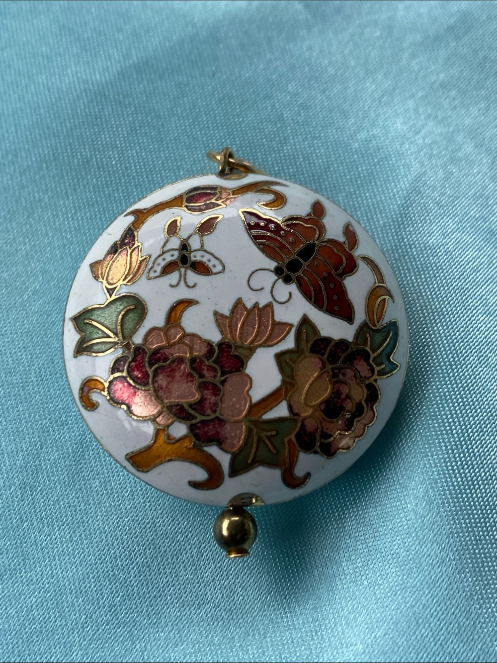 Vintage White Cloisonné Floral Butterfly Pendant